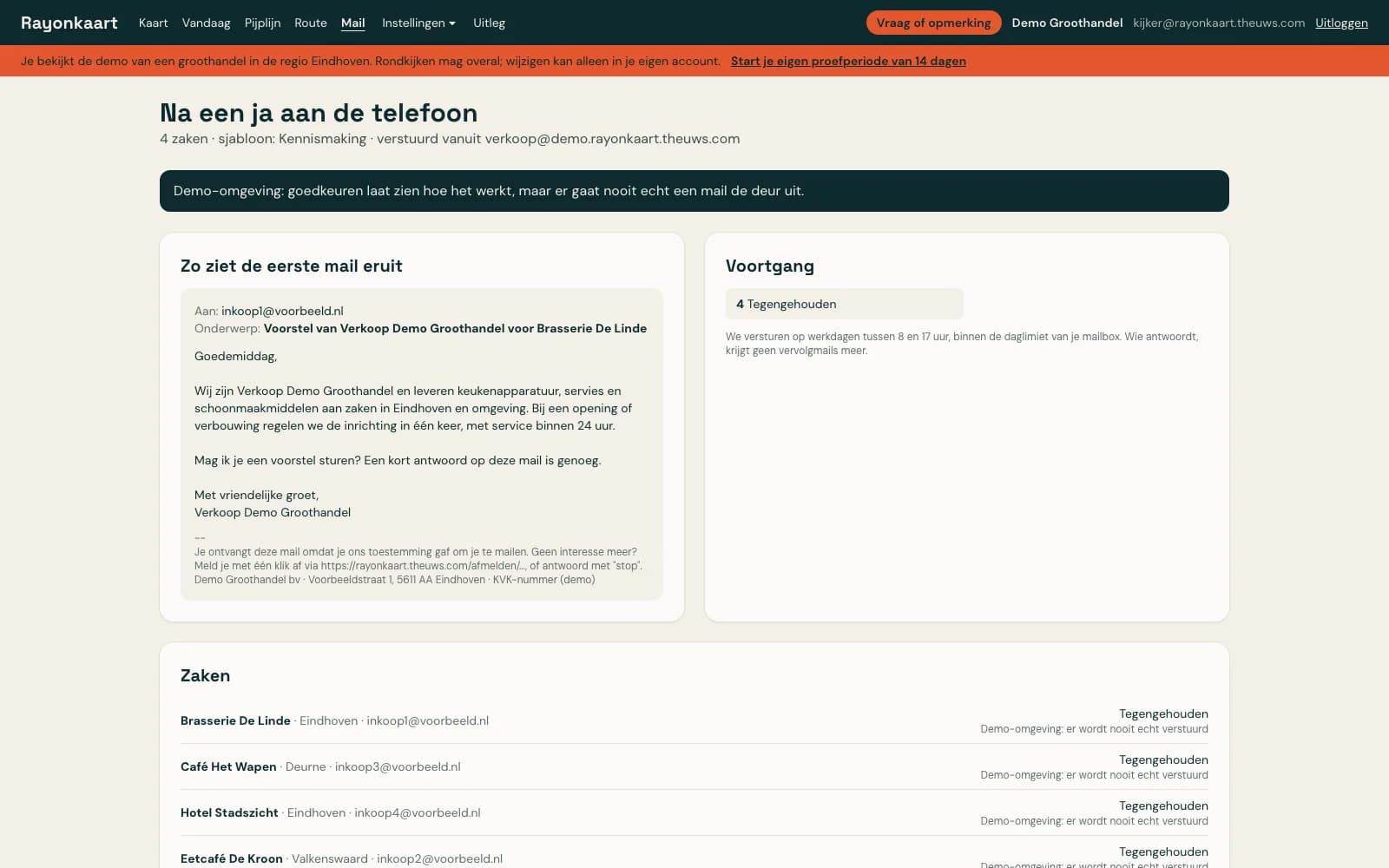 Campagne naar zaken die toestemming gaven: voorbeeld van de eerste mail met afzendergegevens en afmeldlink