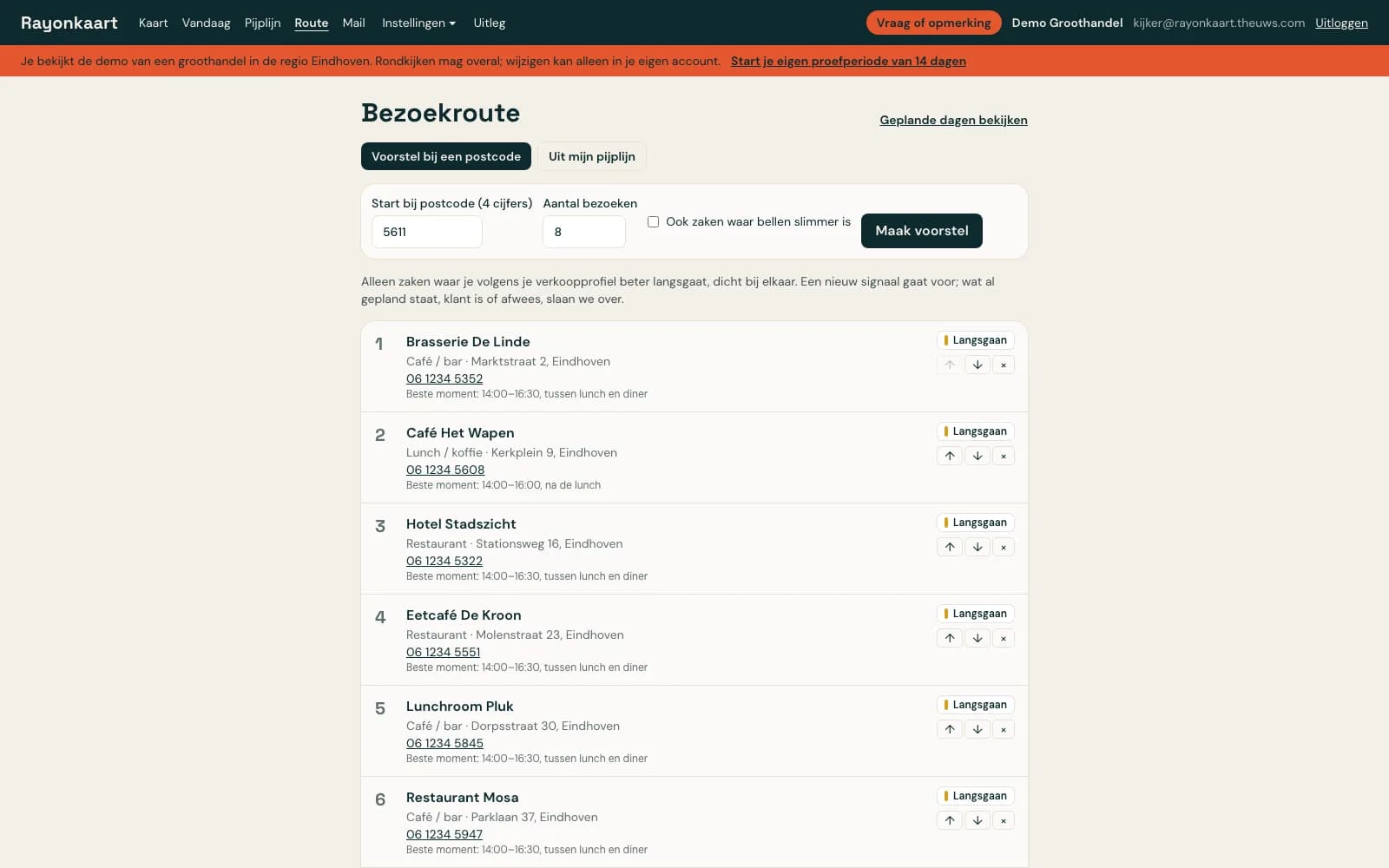 Bezoekroute van acht zaken met per stop het advies, het telefoonnummer en het beste moment
