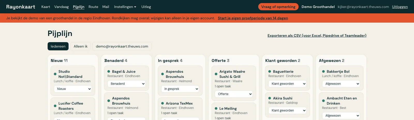Het pijplijnbord met kolommen van Nieuw tot Afgewezen