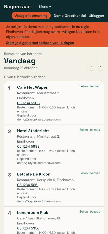 Het scherm Vandaag op een telefoon: de bezoeken op volgorde met Geweest